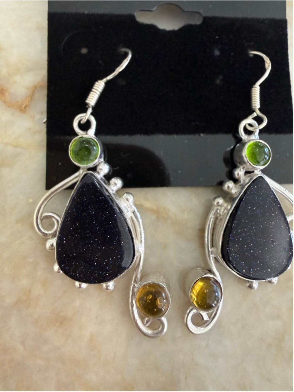 Artisan Sterling 3 stone Dangle Earrings Blue yellow green Silver
